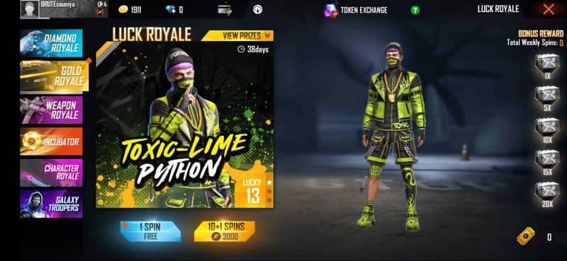 Toxic Lime Best Free Fire Costume Dress Bundle