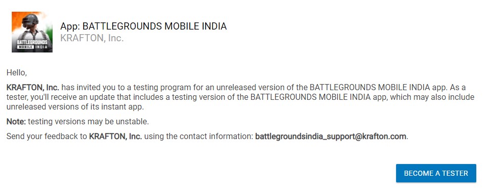 Battlegrounds Mobile India Beta Tester