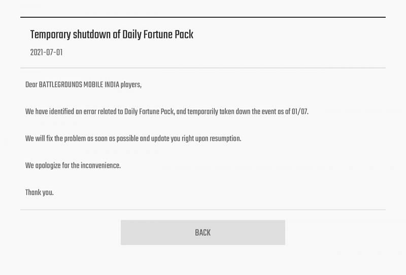Daily fortune pack event shut down